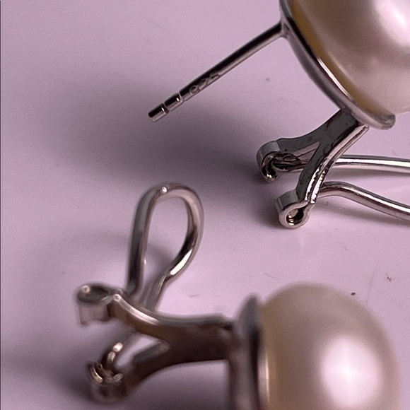 Sterling 925 White Button Fresh Water Pearl 12mm earrings marked G - Picture 6 of 11